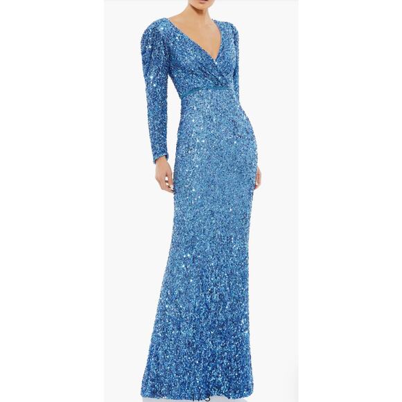 Mac Duggal Puff Shoulder Long Sleeve Sequined Surplice Gown In French Blue Sz 6 - Picture 1 of 11